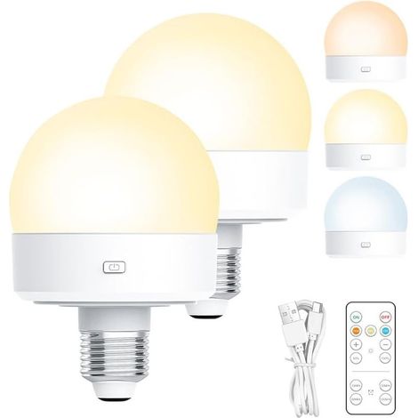 Ampoule Rechargeable - E27 - USB-C - 3 Températures Couleur 3500K/4500K/6500K - Luminosité Réglable 10-100% - Autonomie 8,5 à 24 H - Lot de 2 (1/5)