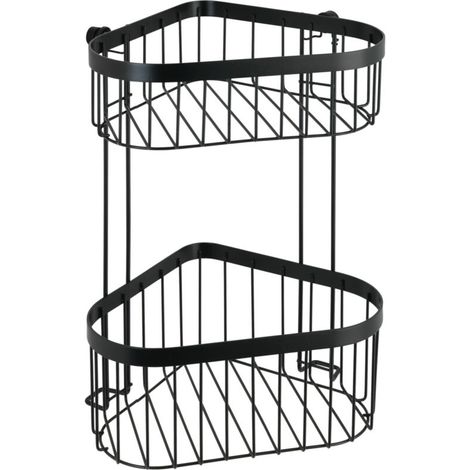 Étagère d'angle 2 niveaux en acier inoxydable noir – Fixation murale avec vis – Dimensions 23,5 x 33 x 18,5 cm – Pour salle de bain (1/5)