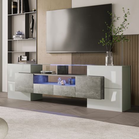 Meuble télé design blanc brillant laqué 200 cm, éclairage LED intégré, meuble salon moderne façade verre élégant