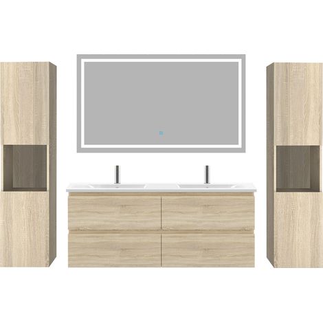 Ensemble meuble de salle de bain 120cm, vasque céramique + colonne haut x2 + LED miroir, chêne