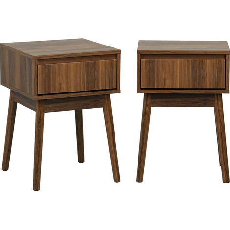 Wood decor one drawer bedside table (set of 2), Linear, Walnut, 39x39x55.4 cm