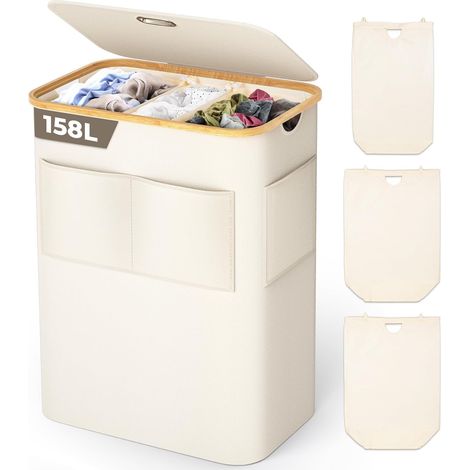 Panier à linge 3 Compartiments avec Couvercle 158L Corbeille a linge pliable en Tissu Oxford 600D avec Sac à linge amovible, Poche avant en tissu, Bac a linge Laundry baskets, Beige (1/5)