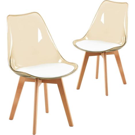 2er Set Esszimmerstühle Skandinavisch mit transparent brauner Rückenlehne und weißem Lederpolster (1/5)