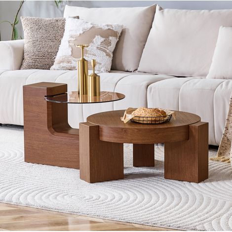 Table basse ronde lot de 2 en MDF décor noyer et verre brun, gain de place, Ø 61 cm (1/5)