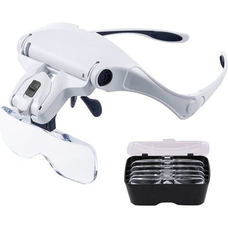 Vergrößerungsbrille mit 2 LEDs – Beleuchtete Frontlupe zum Lesen, für alle Präzisionsarbeiten, Reparaturen, Nähen, Schmuckherstellung, Uhrenbearbeitung und Bastelarbeiten – 5 abnehmbare Linsen (1,0x b (1/5)