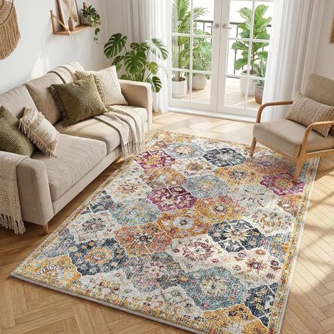 Boho Tapis de salon 140x200 cm, tapis à poils courts avec motif floral,1200 g/m³ polyester,lavable en machine, avec sous-couche antidérapante TPE,pour chambre,salle à manger,cuisine,Multicolore (1/5)