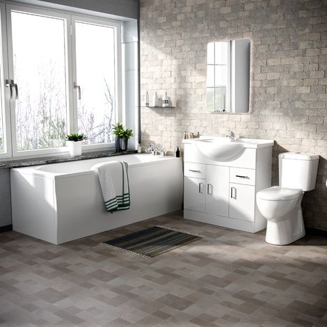 Memphis 3-Piece Bathroom Suite White - Close Coupled Toilet, 850mm Basin Vanity Unit and Round Bath Tub (1/5)