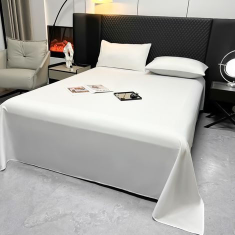 Drap Housse 200x230 cm Blanc Perlé, Drap de Lit en Soie Glacée Effet Fraîcheur Été, Housse de Couette Pure Couleur Style Luxe pour Lit Double