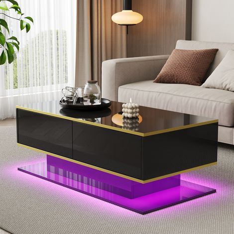 Table Basse LED Moderne aux Accents Dorés Brillants, avec 3 Tiroirs et Bande Lumineuse USB (Adaptateur/Batterie Externe Requis), Design Élégant et Fonctionnel,Noir, 100 x 50 x 40 cm (1/5)