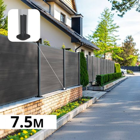 Kit Clôture Composite sur Muret CRUZ Ardoise 7,5x1,2m - Bois composite & Aluminium - Poteaux sur Platines Gris - Brise vue