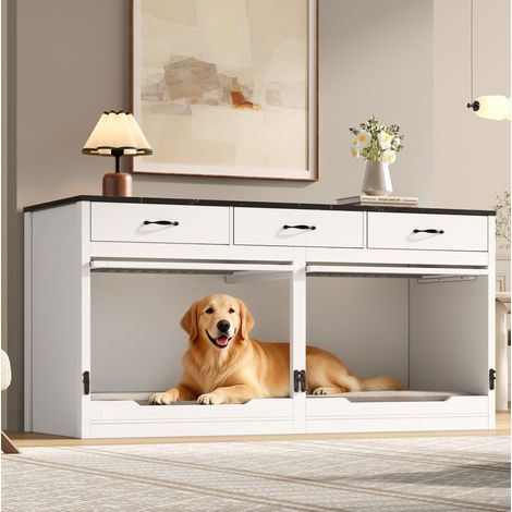 Jaula para perros (164x60x81 cm), con puerta abatible, separador extraíble, 3 cajones, MDF y metal blanco y negro (1/5)