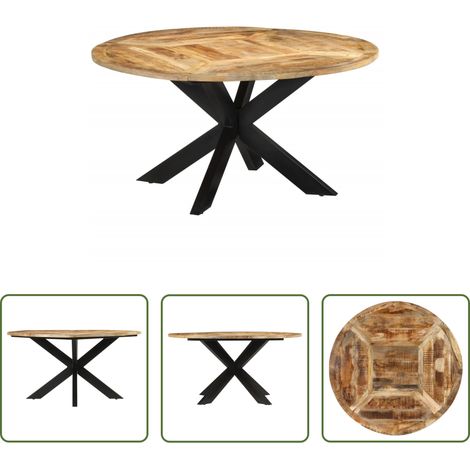 Bois de manguier -  Table à dîner Ø150x76 cm bois de manguier massif brut (1/5)