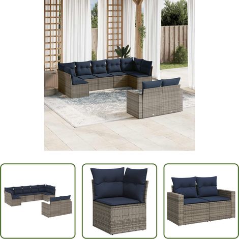 vidaXL Canapé en résine - Salon de jardin 9 pcs avec coussins gris résine tressée (1/5)