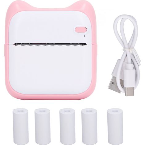Mini imprimante thermique Bluetooth rose avec 5 rouleaux de papier pour étiquettes, photos, notes et erreurs. (1/5)