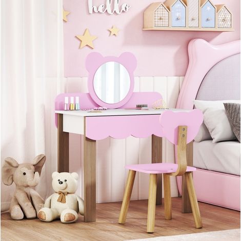 Tavolino da toeletta per bambini con sgabello, specchio a orsetto, cassetto, MDF, rosa, OKWISH (1/5)