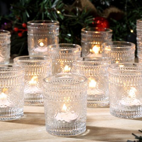 Lot de 12 Photophores Transparents en Verre, Bougeoirs Chauffe-Plat Style Vintage avec Motif Diamant en Relief, Décoration de Table Romantique pour Mariage, Fête et Style Bohème (1/5)