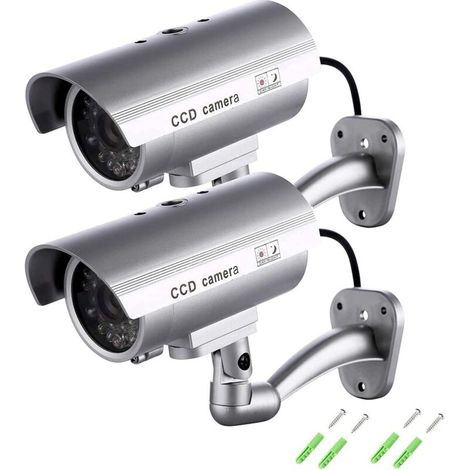Maxesla Confezione da 2 telecamere di sicurezza finte con LED luminosi - Effetto realistico - Uso interno/esterno - Impermeabili - Adesivo di avvertenza