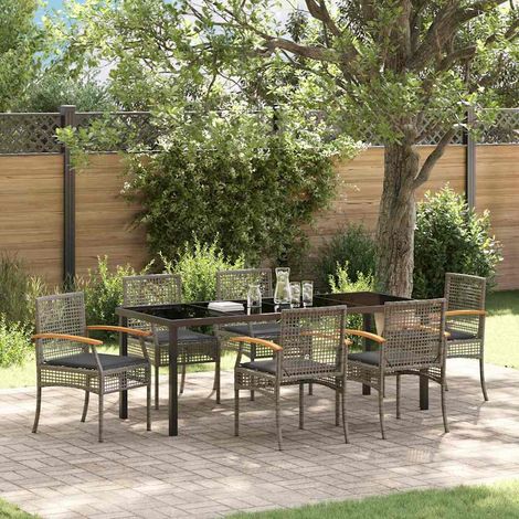 Ensemble repas de jardin 7 pièces en rotin gris et noir avec table et 6 fauteuils - PANGIVO (1/5)