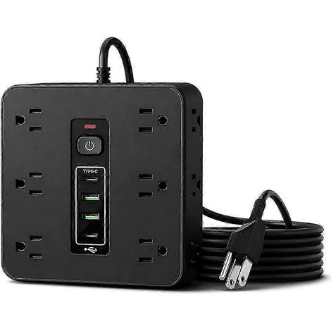 Multiprise multifonction 16 en 1 avec interrupteur et protection contre les surtensions, fiche plate de 2 mètres, 12 prises secteur, 2 ports USB-C et 2 ports USB-A. (1/4)