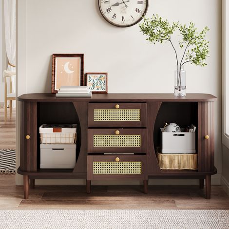 Credenza 140,5x40x76 cm, mobile TV, mobile con 3 cassetti, 2 ante scorrevoli, marrone (1/5)