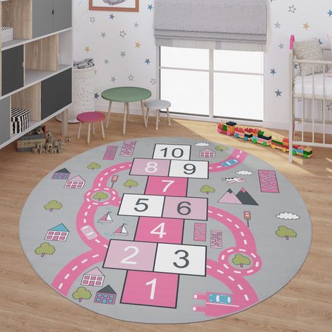 Tapis enfant antidérapant pour chambre garçon/fille, motif route 160 cm x 160 cm x 4 mm, Rond, Rose (1/5)