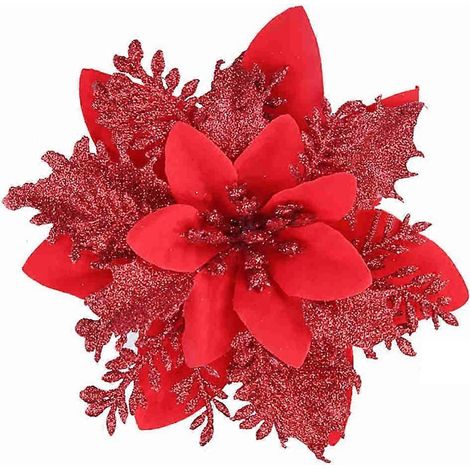 Lot de 12 poinsettias rouges artificiels de 14 cm pour décorer un sapin de Noël et orner de paillettes. (1/5)