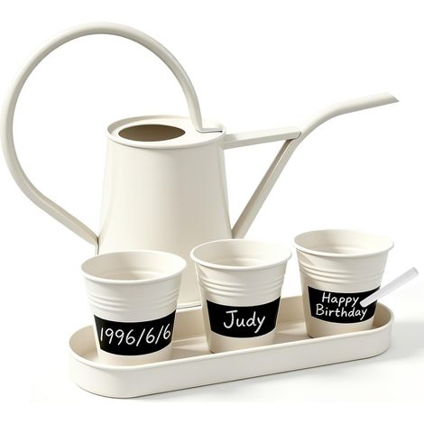 Arrosoir en métal blanc, petit arrosoir galvanisé antirouille avec 3 pots de bureau et plateau réutilisables étiquetés à la craie, ensemble de décoration minimaliste pour rebord de fenêtre d'intérieur (1/5)