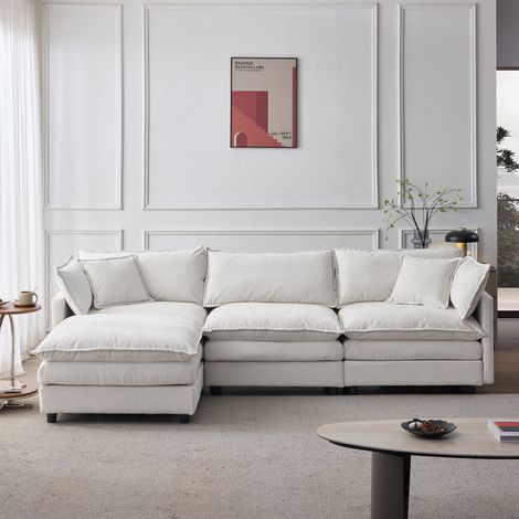 Divano angolare modulare a 3 posti con pouf, divano compatto per soggiorno di appartamento, tessuto ciniglia beige (1/5)