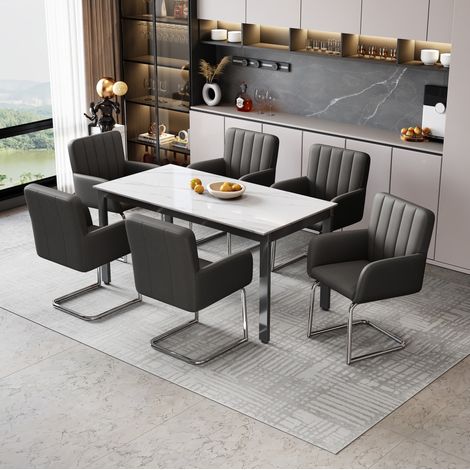 Set di 6 sedie da pranzo in pelle PU nera con schienale ergonomico a Z, gambe in metallo, salvaspazio (1/5)