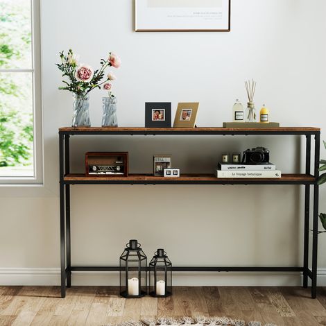 Console pour Couloir à 2 Niveaux, avec Étagères, pour Chambre ou Salon, 120 x 20 x 80 cm, Marron et Noir (1/4)
