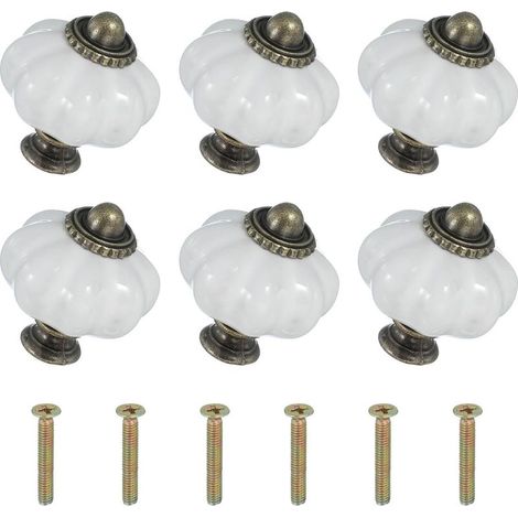 Sechs weiße Keramikknöpfe, je 3,3 x 3,3 x 3,8 cm groß, mit Schrauben. Kürbisförmige Keramik-Schubladenknöpfe und -griffe. (1/4)