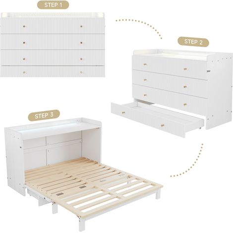 Lit armoire, 140 x 200cm, tiroirs sous le lit, avec USB et prise de courant, bande lumineuse LED, panneau brillant, lit plateforme convertible, sans matelas, blanc (1/5)
