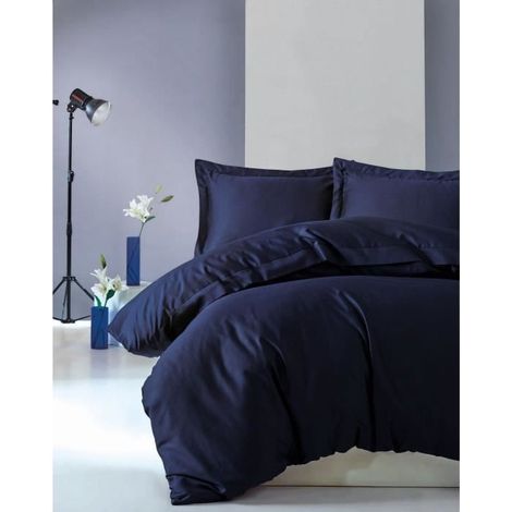 Set copripiumino 240x220 cm e 2 federe Lovina tinta unita Satin di Cotone Blu scuro (1/5)