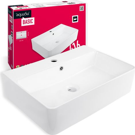 'aquaSu® Basic Waschtisch 416  Waschbecken mit Überlauf und Hahnloch  60 x 42 cm  Als Hänge-Waschtisch oder Aufsatzwaschbecken  Sanitärkeramik in weiß  56241 6 (1/5)