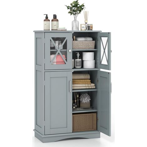COSTWAY Mobile da Bagno con 4 Ante, Armadio da Terra con Ripiani Regolabili, Mobiletto Multifunzionale per Bagno Cucina e Soggiorno, 60x30x108 cm (Grigio) (1/5)