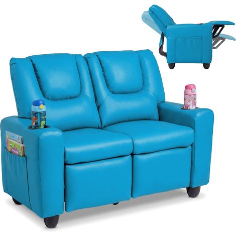 Fauteuil Relax 2 Places, Fauteuil Inclinable avec Poches Latérales, Dossier, Réglable Repose-Pieds 100°-139°, Porte-Gobelets, Charge 150 KG, Bleu (1/5)