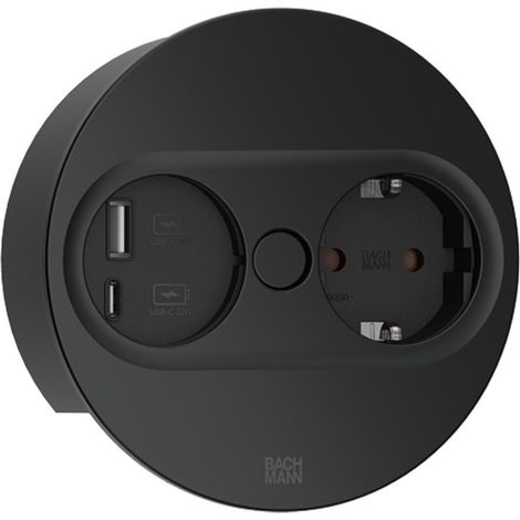Bachmann TWIST 2 Metallische Abdeckscheibe rund, weiß matt, ähnlich RAL 9010 30GE seidenmatt, 1xSchutzkontaktsteckdose schwarz mit erhöhtem Berührungsschutz, 1xUSB A/C 22W Charger, Zuleitung 2,0m H05V