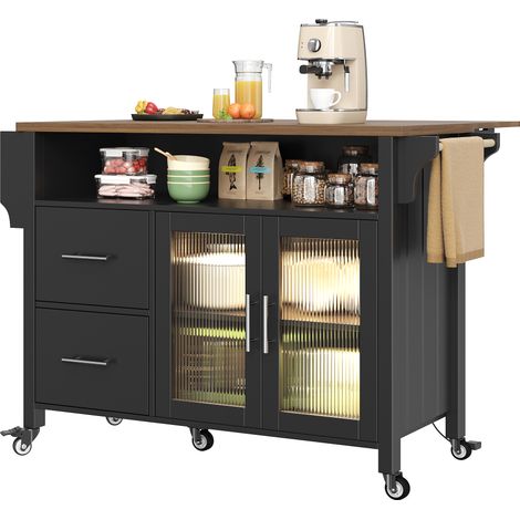 Îlot de cuisine mobile avec plateau rabattable, vitrine en verre cannelé et rangements, desserte noire à roulettes avec éclairage LED (1/5)