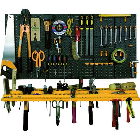 Set pannelli portautensili da parete con mensole e 50 ganci in polipropilene colore nero Artplast