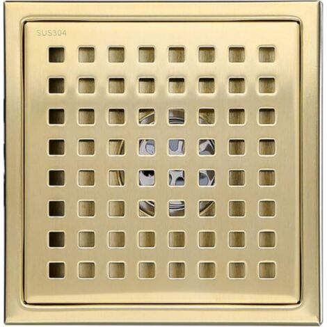 1pc Caniveau de Douche Or Acier Inoxydable Carré 15x15cm Drain de Douche Siphon de Sol Drain de Plancher avec Couvercle de Siphon de Sol, Noyau DéSodorisant en Laiton,Brushed Gold (1/4)
