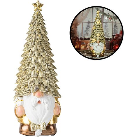 (Benötigt 2 AA-Batterien) Beleuchteter Zwergen-Weihnachtsbaumschmuck aus Kunstharz, festliche Szene, Schreibtischdekoration (gold) (1/2)