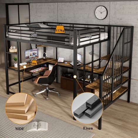 Lit superposé en fer avec coin bureau, échelle d'angle sûre et confortable, prises de charge intégrées, rangement clavier, étagère, métal + MDF, noir foncé, 120x200 cm (1/5)