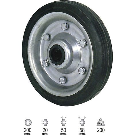 1 roulette industrielle, diamètre 200 mm, largeur 37 mm, caoutchouc noir, charge 200 kg