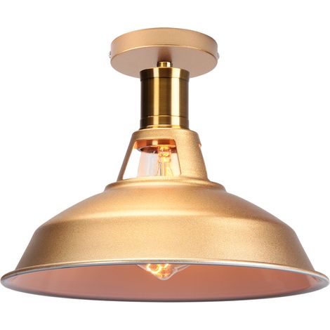 Lampe de Plafond 27cm Plafonnier Industriel Rétro en Fer Abat-jour Luminaire Couloir Balcon Escalier Or&Blanc 1 Pack