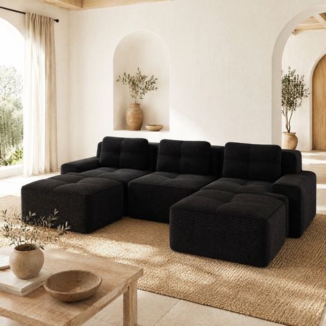 Modulares U-Sofa mit Ottoman, 293 x 177 x 69 cm, schwarzer Cordbezug HAVRYA (1/5)