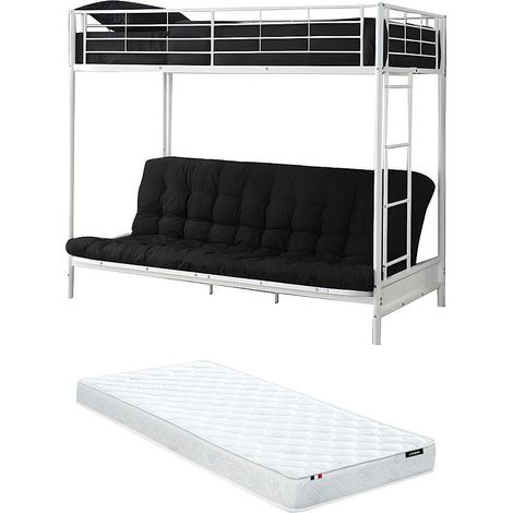 Letto a soppalco 90 x 190 cm con divano letto Metallo Bianco + Futon + Materasso - MODULO V