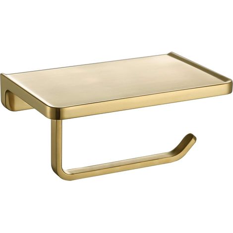 Soporte para papel higiénico con estante para teléfono, distribuidor de papel y estante de almacenamiento para accesorios de baño, montaje en pared, dorado mate