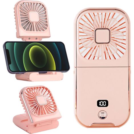 Ventilador portátil, ventilador de cuello, mini ventilador de escritorio, soporte plegable para teléfono, batería externa, ventiladores personales silenciosos recargables por USB con pantalla digital 