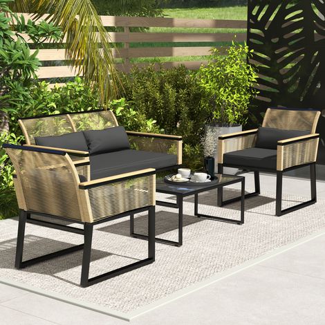 Outsunny Polyrattan Gartenmöbel Set 4 Personen, wetterfest Balkonmöbel-Set mit 2er Sofa, 2 Stühle Glastisch Sitzkissen, Outdoor Sitzgruppe, Terrassenmöbel Gartengarnitur für Garten Balkon, Schwarz