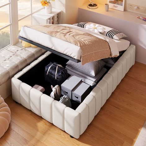 Lit coffre capitonné 90 x 200 cm lin beige avec mécanisme hydraulique - sommier à lattes (sans matelas)